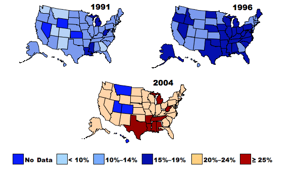 Figure 1. Prevalence of obesity among US adults, 1991, 1996 and 2004.